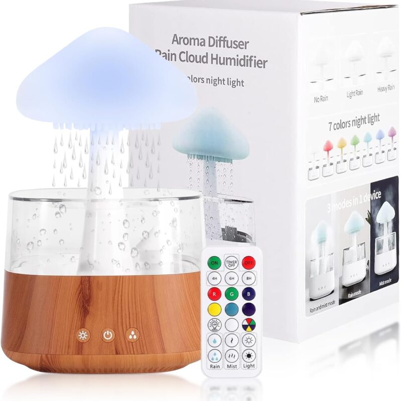 Tissting 450ml Rain Cloud Humidifier, Mushroom Diffuser, Night Light, 7 Colors, Brown Plastic, Manual Operation, Kids Room