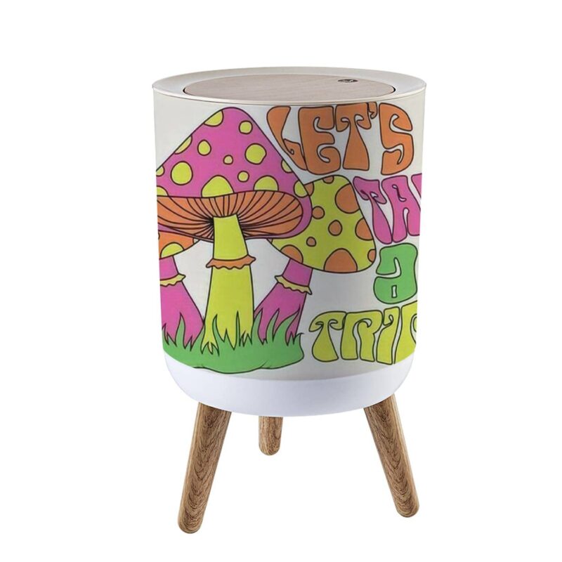 Small Trash Can with Lid Retro 70s psychedelic hippie mushroom print with groovy slogan for man 7 Liter Round Garbage Can Elasticity Press Cover Lid Wastebasket for Kitchen Bathroom Office 1.8 Gallon