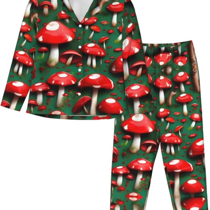 Red Cap Mushrooms Print Pajamas Set For Women Long Sleeve Button Down Soft Shirt With Long Pants Lounge Sets S-Xxl
