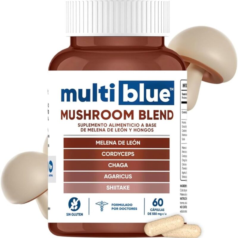 Mushroom Blend 60 Cápsulas | Suplemento Alimenticio a Base de Melena de León, Cordyceps, Chaga, Agaricus, Shiitake | 100% Natural, Sin Gluten, Keto Friendly, Vegano | MULTIBLUE