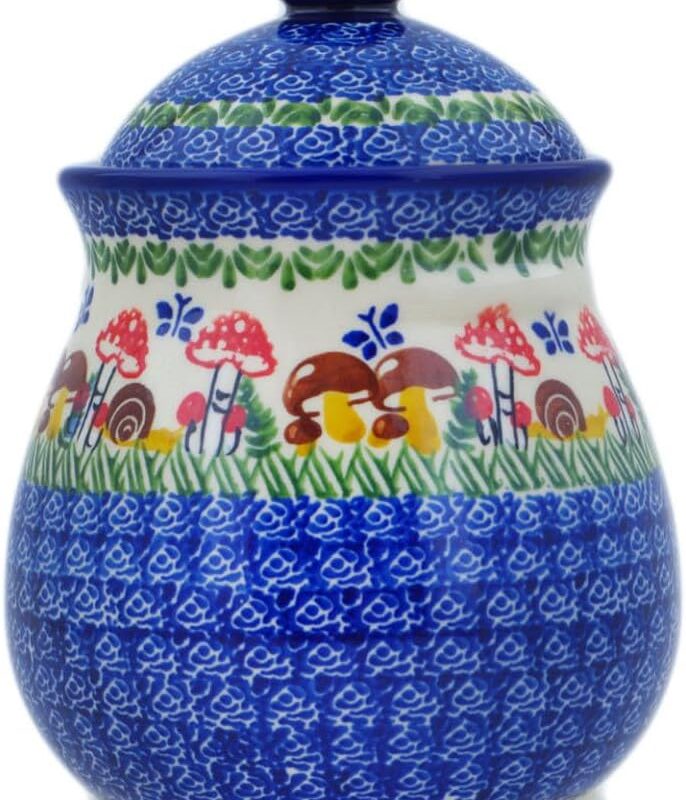 Authentic Polish Pottery Jar with Lid in Gardens In Poland Design Handmade in Bolesławiec Poland by Ceramika Nina + Certificate of Authenticity