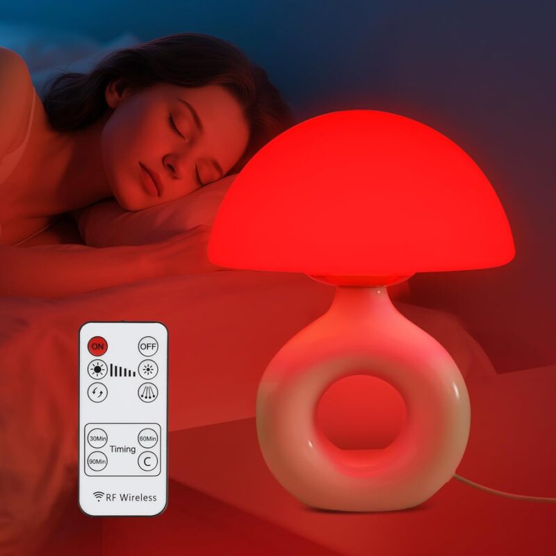 Mushroom Red Light Lamp for Sleep, 670nm Red Night Light - 4 Color and 5 Brightness Cute Table Lamp, Touch Remote Control LED Lamp for Deep Relaxation and Sleep Bedroom(White Base)