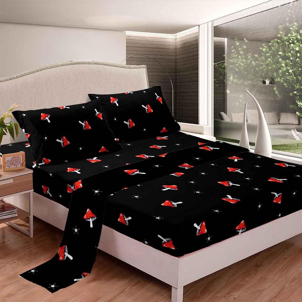 61w2faWzAHS._AC_SL1200_.jpg Feelyou Mushroom Bed Sheets Queen Size Cute Mushroom Sheet Set for Kids Girls Boys Cartoon Botanical Black Fitted Sheet Room Decor
