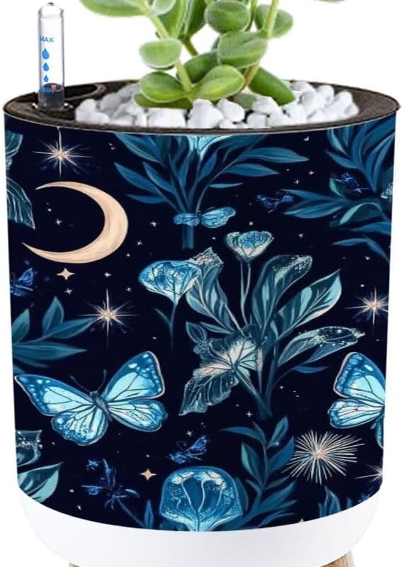 Planter with Stand Night blue pattern crescent moon stars butterfly mushrooms forest 8.6" Self Watering Plant Pot with Legs Water Level Indicator & Water Inlet Lazy Flower Pot Indoor Modern Decor