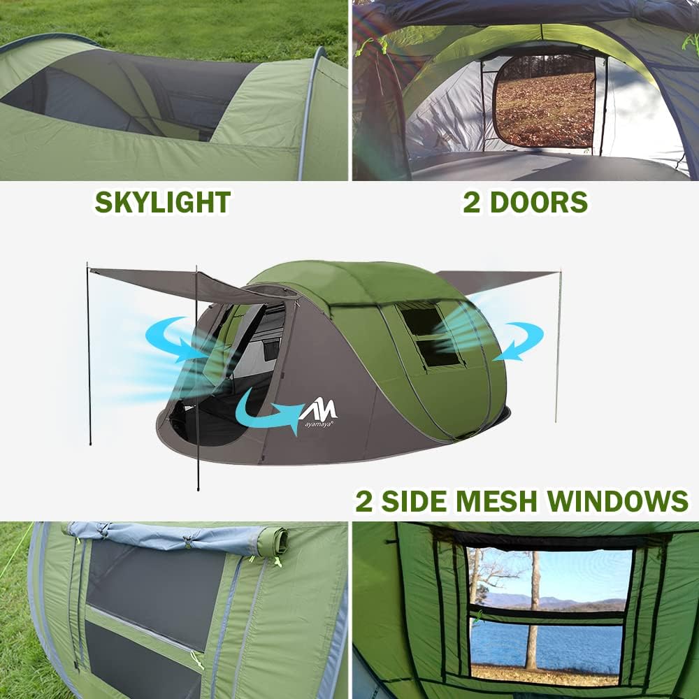 61ymmGfJ9gL._AC_SL1000_.jpg 4 Person Pop Up Tents for Camping - AYAMAYA Waterproof Instant Family Tents with Skylight & Removable Rainfly, Upgraded Large Size with 2 Doors -Automatic Easy Setup Beach Tent with Poles - Image 6