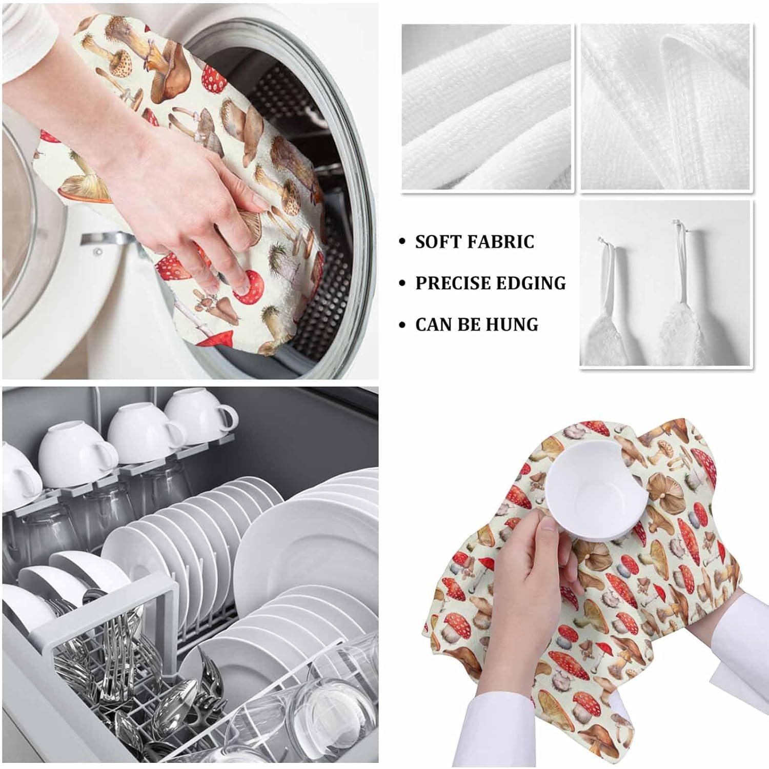 71-6yjJgLaL._AC_SL1500_.jpg Mushroom Microfiber Kitchen Towels Pack of 4, Vintage Plants Red Brown Mushroom Ultra Soft Absorbent Kitchen Dish Cloths Tea Towels, Reusable Lint Free Kitchen Dishcloth Towels - Image 5
