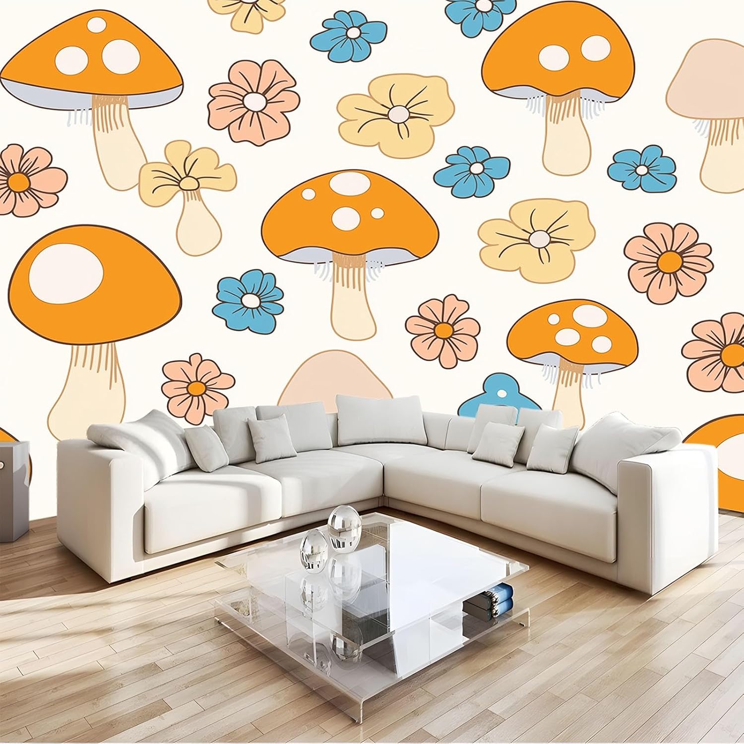 71-fsLrEJPL._AC_SL1500_.jpg Wall Mural Wallpaper Retro Mushrooms 108" x 75" Modern Panoramic Mural, 3D Art Poster Wallpaper, for Living Room Bedroom Kids Room Wall Decor - Image 3