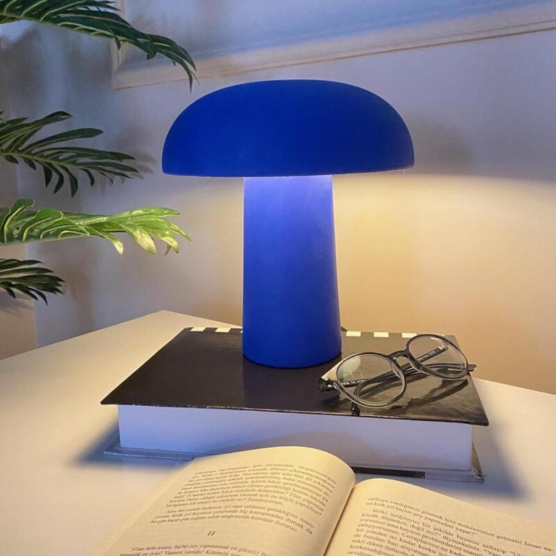 Orange Mushroom Lamp for Room Aesthetic Handmade Linden Wood Modern Lighting for Bedroom Mid Century Modern Lamp Cool Retro Living Room & Bedroom Decor (Blue)