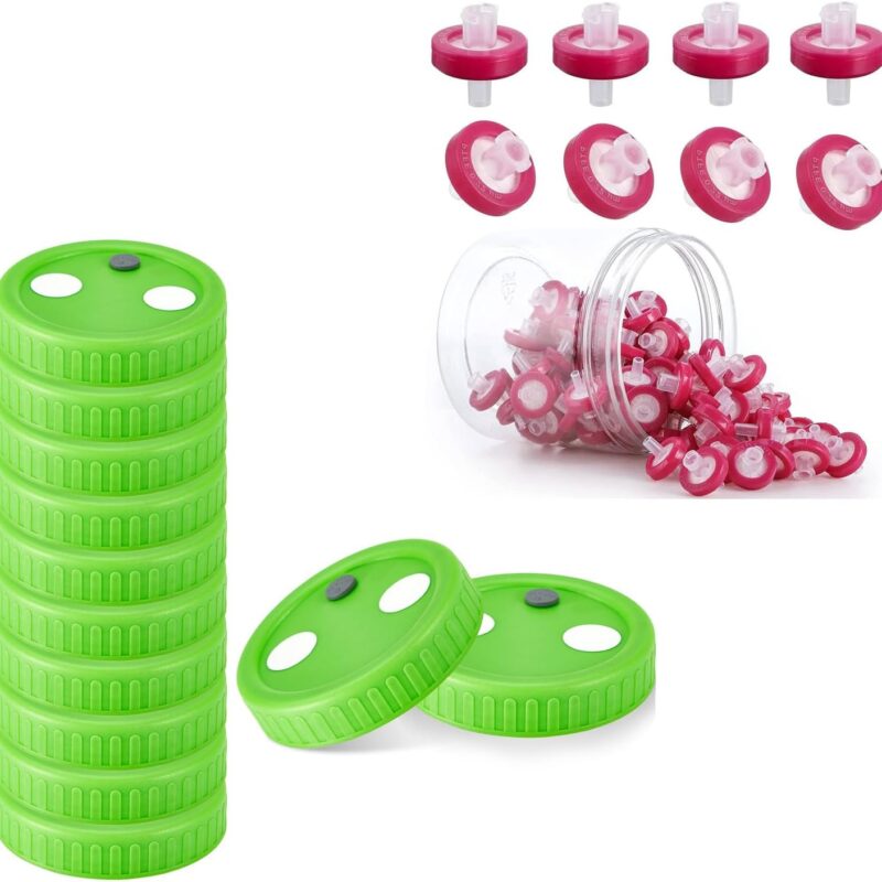 100 Pack Syringe Filter PTFE Hydrophobic 0.22um Membrane with 12Pcs Wide Mouth Mason Jar Lids for Mushroom Cultivation