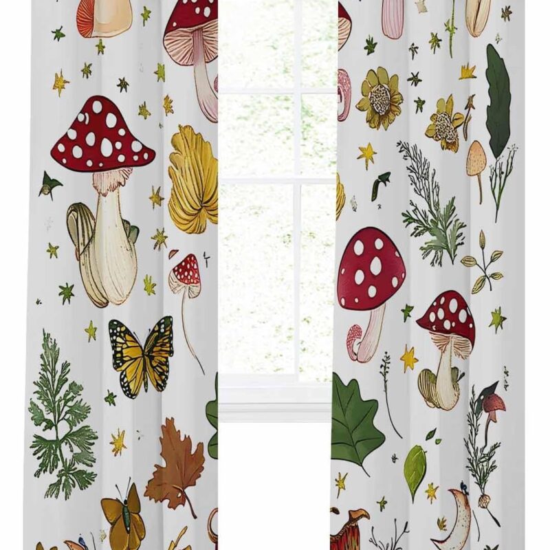 Red Mushrooms Blackout Curtains 84 Inches Length, Vintage Botanical Art Window Treatment Thermal Insulated Drapes for Bedroom Living Room 2 Panels 84x84 Inches