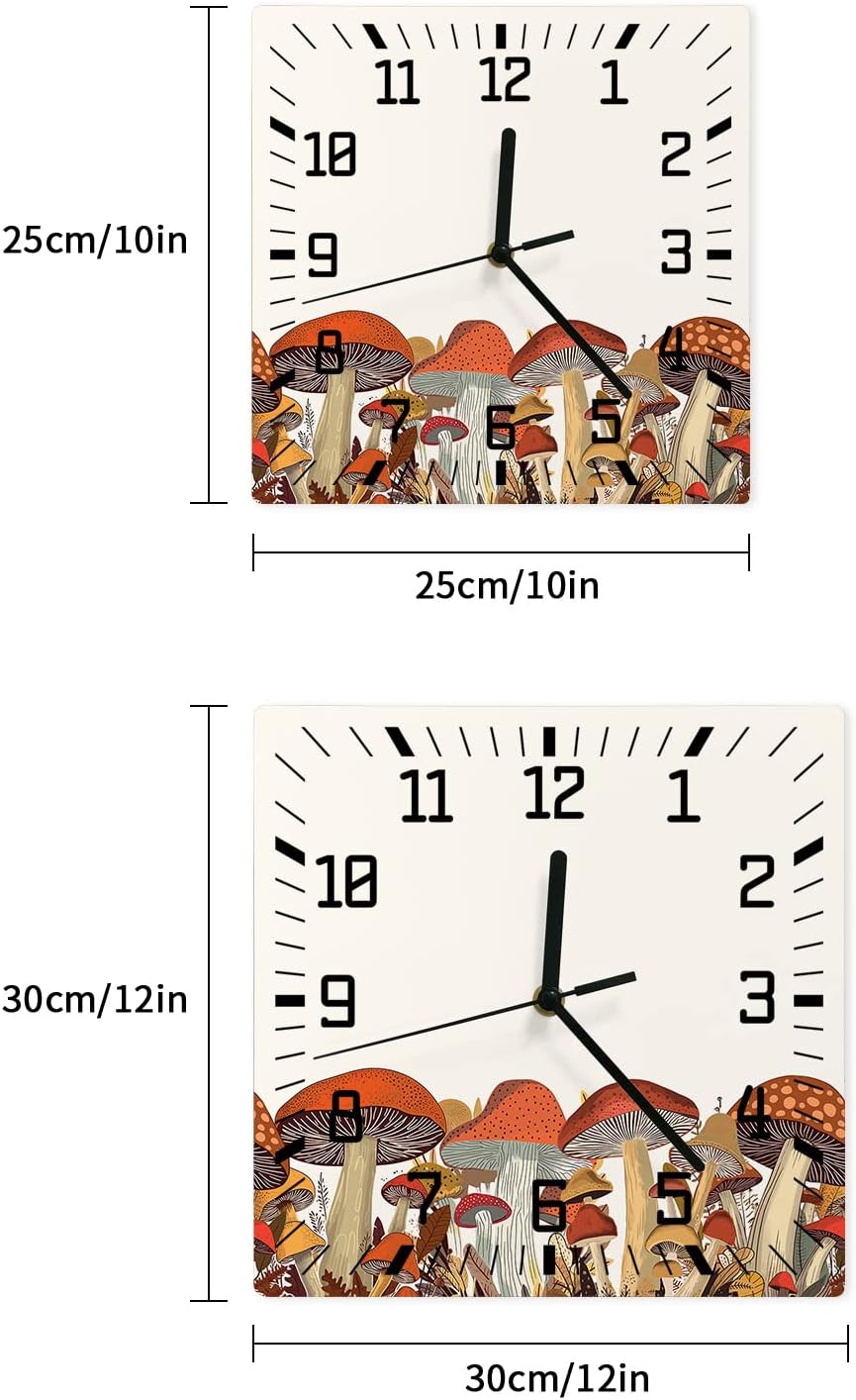 71-z2tVxwFL._AC_SL1500_.jpg Wall Clock Wooden Wall Clocks Fall Thanksgiving Mushroom Vintage Maple Leaves 12 Inch Silent Non Ticking Wall Clock Quartz Battery Operated Square Clock for Living Room Bedroom Wall Decorative - Image 3