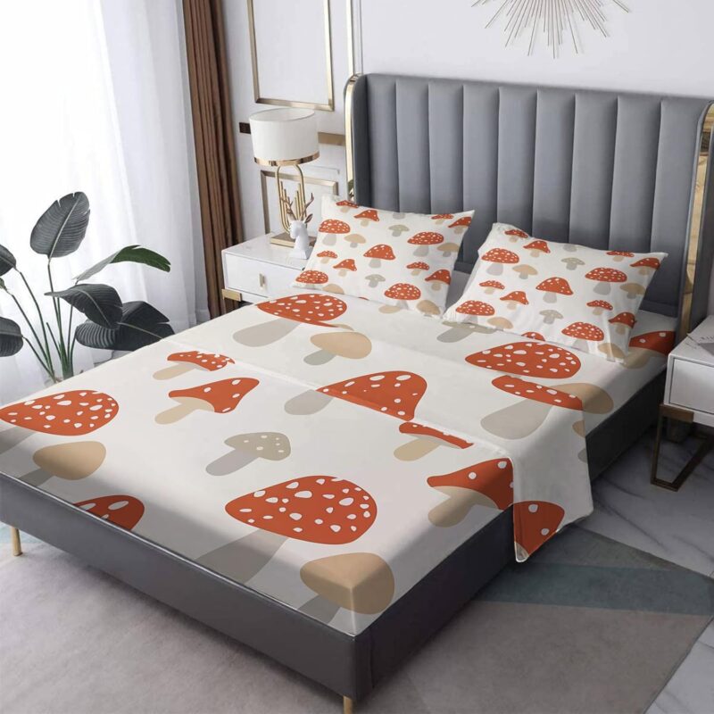 Mushroom Gift - Kids Mushroom Sheets Queen Size Bed Set - Wild Fungus Bed Sheets & Bedroom Decor - Soft Breathable Microfiber Deep Pocket Patterned Bedding Sheets & Pillowcases