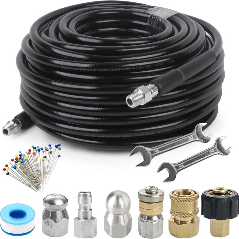 NAMOTEK Sewer Jetter Kit for Pressure Washer 150FT Drain Cleaner Hose 5800PSI NPT 1/4 Inch Hose Button Nose and Rotating Sewer Jetting Nozzle, Orifice 4.0, 4.5