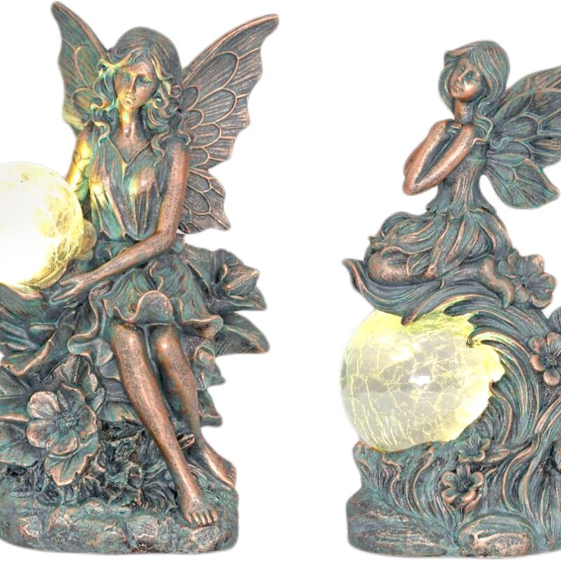 TERESA'S COLLECTIONS Fairy Garden Sculptures & Statues for Outdoor Decor, Set of 2 Solar Outdoor Statues, Bronze Figurines with Crackle Glass Ball, Resin Garden Decor Valentine Gifts for Mom,9.8”/9.3”