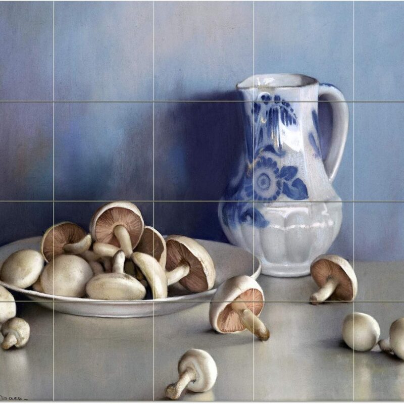 Tile Mural Still Life Mushrooms and Painted jug by Firmin Baes Kitchen Bathroom Shower Wall Backsplash Splashback 5x4 4.25" Ceramic, Matte