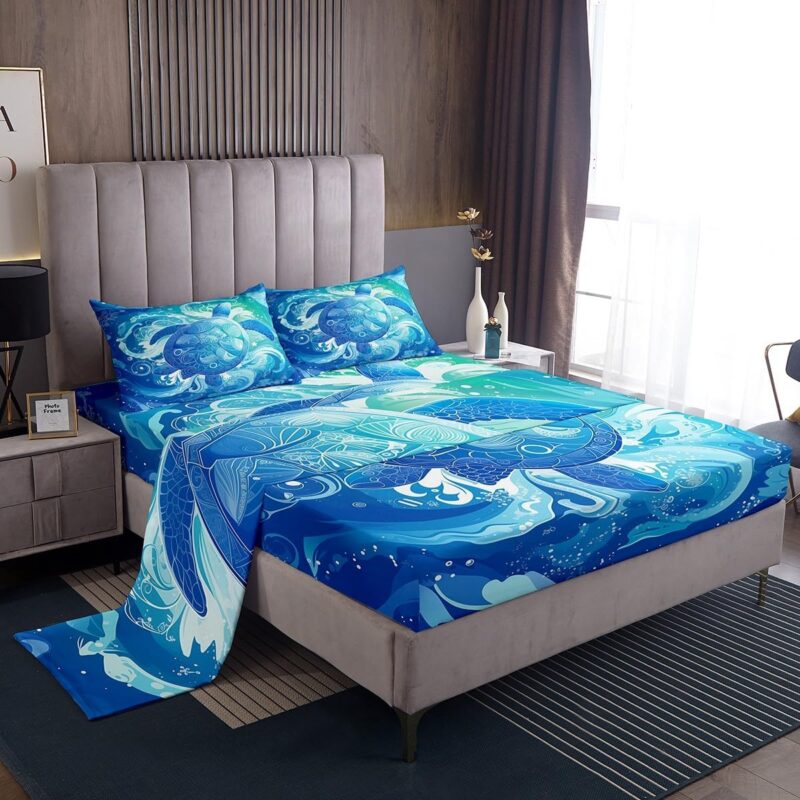 Erosebridal Sheet Set Queen Size with 2 Pillowcases, Ocean Blue Turtle Sheets for Kids and Adults, Sea Waves Beach Animal Mediterranean Style Bed Sheets Set for Bedroom Bed Decor, Aqua Blue