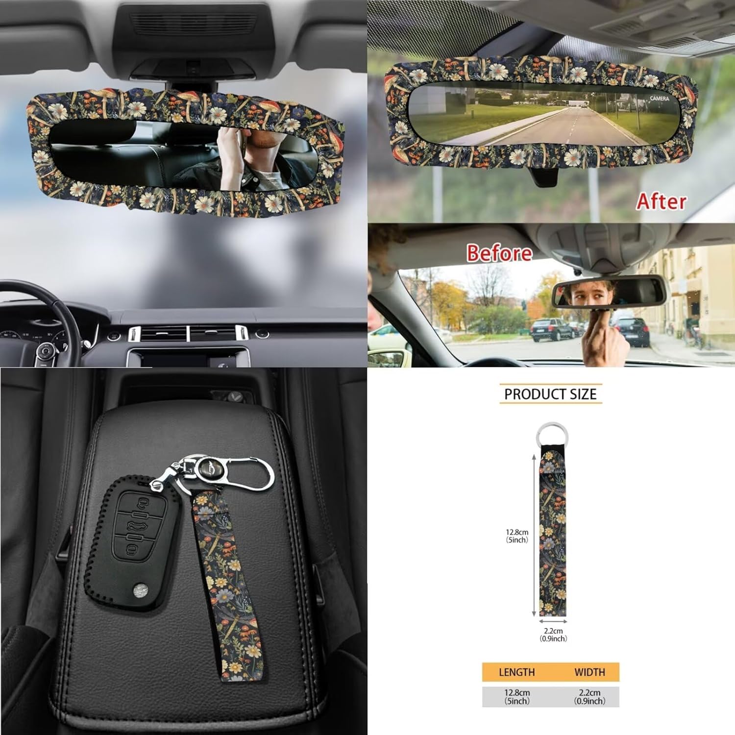 712VyLsHdDL._AC_SL1500_.jpg Dragonfly Mushroom Daisy 15Pcs Car Seat Cover Sets Car Steering Wheel Cover Seat Belt Cover Trash Bin Air Vent Storage Box Front Rear View Mirror Car Cup Holder Keychain - Image 7
