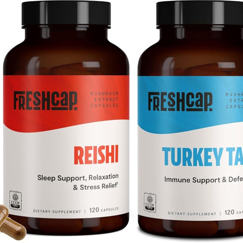 FreshCap Mushrooms Wellness Duo: Reishi 14,000mg for Longevity + Turkey Tail 10,000mg for Immune & Digestive Health – 120 Capsules Each