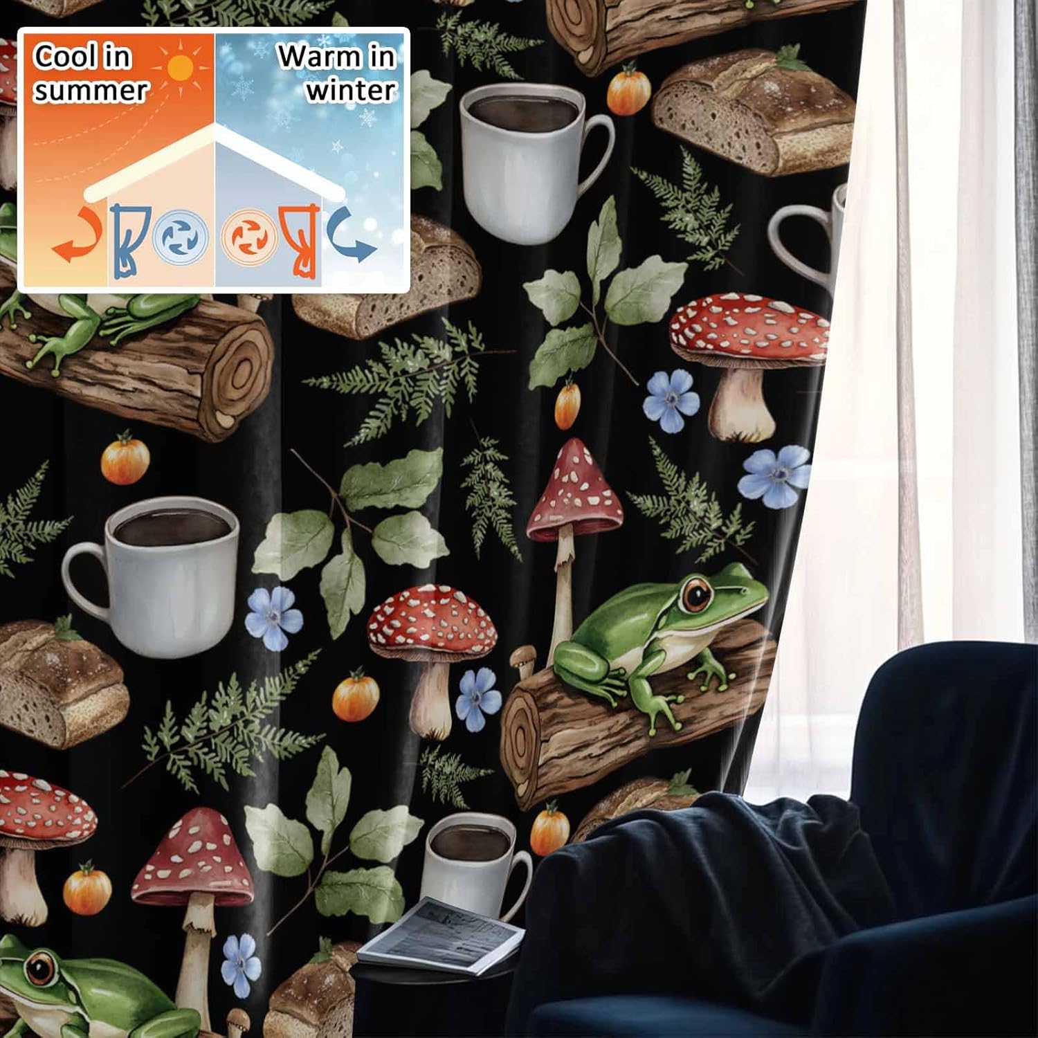 7138nwEZCSL._AC_SL1500_.jpg Blackout Curtains for Bedroom/Living Room, Frog Mushroom 70 Inch Thermal Black Out Curtains 2 Panels with 16 Hooks, Red Brown Coffee Plant Black Idyllic Room Darkening Curtain, 78"W x 70"L - Image 5
