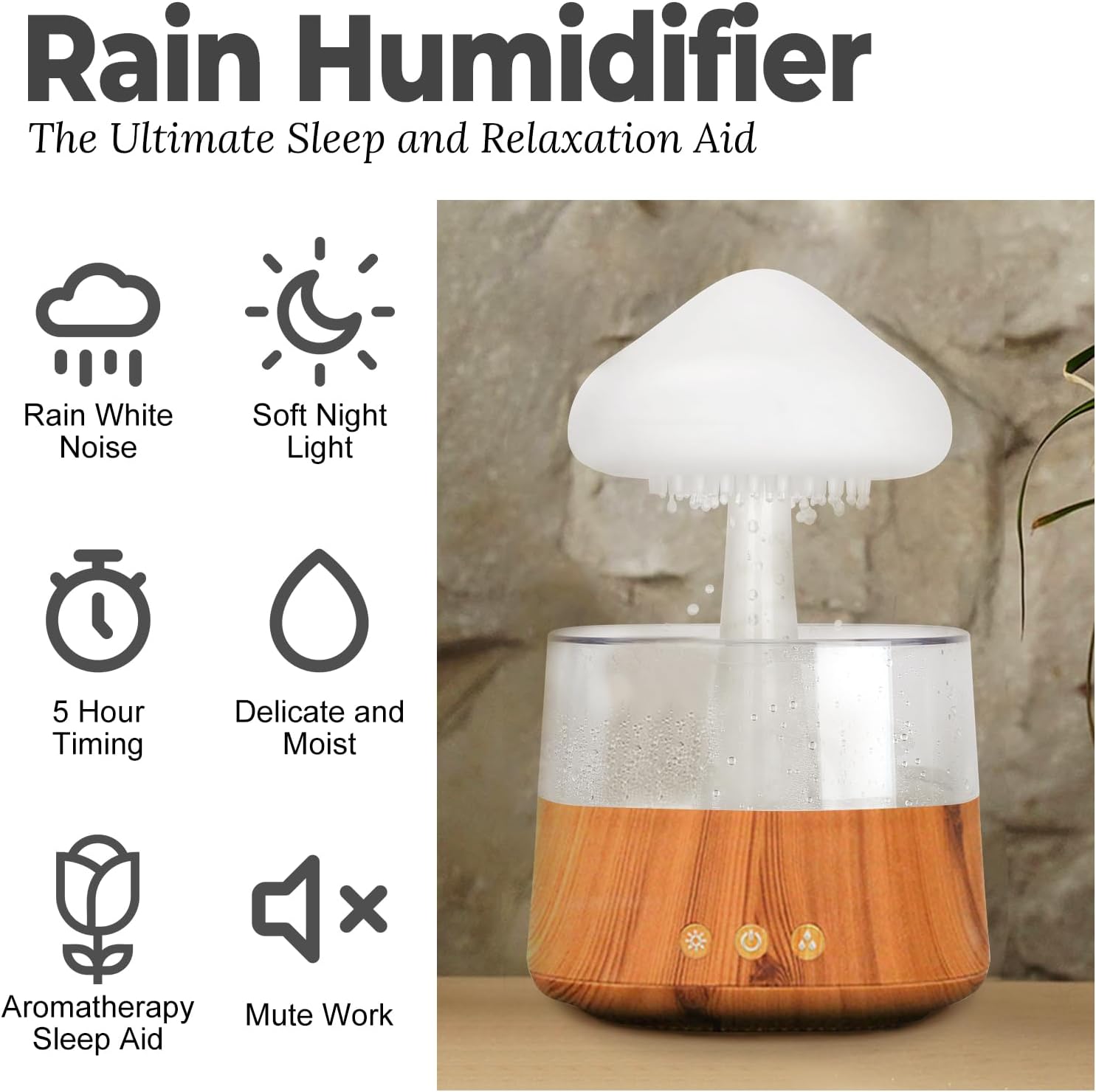 713jm15P2L._AC_SL1500_.jpg Rain Cloud Humidifier Water Drip with Adjustable LED Lights White Noise Humidification Desk Fountain Bedside Sleeping Relaxing Mood (Wood) - Image 3