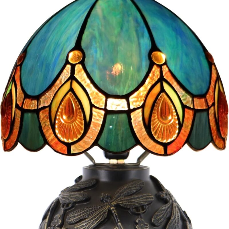 Small Tiffany Mushroom Table Lamp,Mini Memory Sympathy Antique lamp 8X11 Inch (Peacock Crystal)