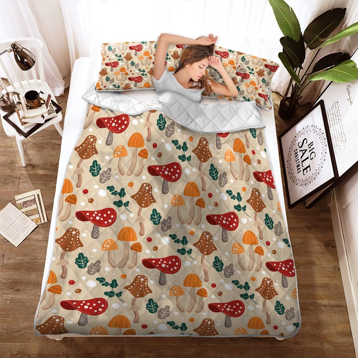7143PWgIGL._AC_SL1200_.jpg SOULZZZ Cute Mushroom Quilt Set for Girls Forest Green Leaf and Yellow Mushroom Queen Bedspread Fairycore Accessories Super Soft Plush Bedding for Kids Teens - Image 2
