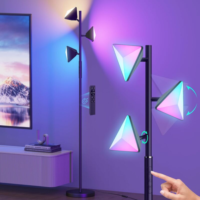 RGBCW Floor Lamp, 36W Color Changing LED Tree Floor Lamp, Stepless Dimmable Tall Standing Lamp with Remote & Touch Control, 2700K-6500K Modern Floor Lamps for Living Room, Bedroom, Gaming Room - Black