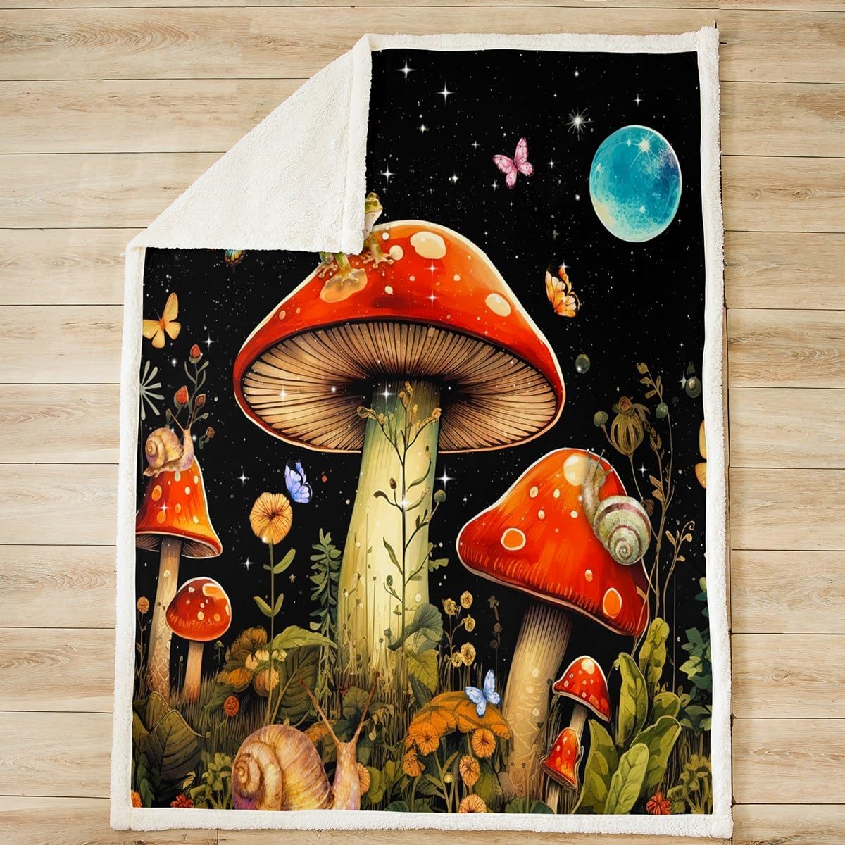 714QVa9z03L._AC_SL1200_.jpg Feelyou Kids Red Mushroom Fleece Throw Blanket, Cartoon Mushroom Frog Plush Blanket for Kids Boys Girls Natural Wild Fungus Sherpa Blanket Colorful Butterfly Fuzzy Blanket Queen 90"x90" - Image 2