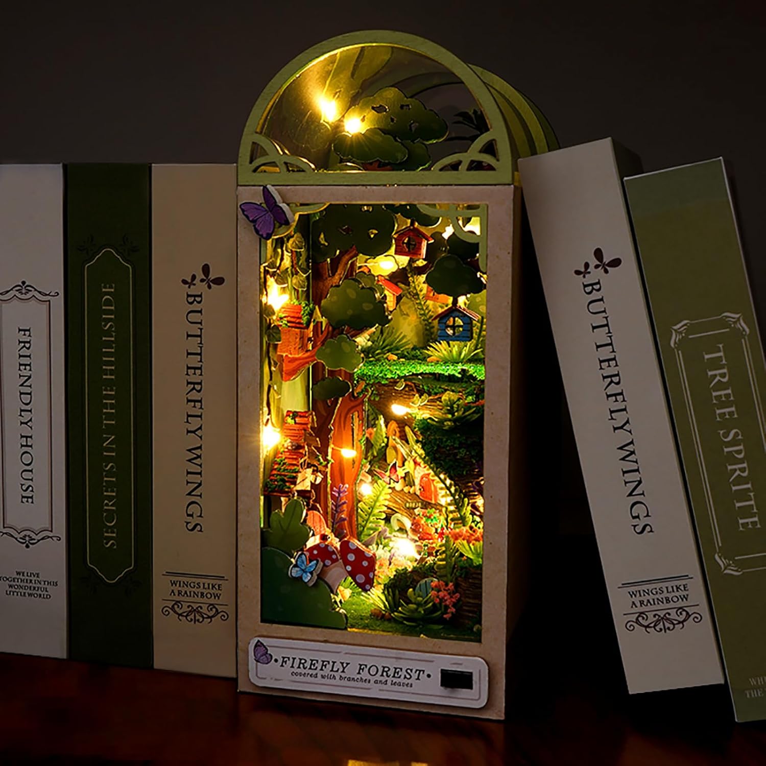 714bNKF3z3L._AC_SL1500_.jpg 3D Wooden Book Stand Puzzle, DIY Dollhouse Wood Bookends Book Nook Model Building Kit with LED Light for Teens and Adults to Build-Creativity Gift for Christmas(Firefly Forest) - Image 5
