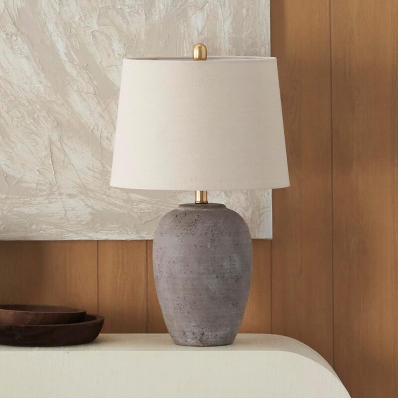 Nourison 23" Greyish Brown Earth Tone Rustic Farmhouse Ceramic Table Lamp for Bedroom, Living Room, Dining, Office, with Beige Linen Shade