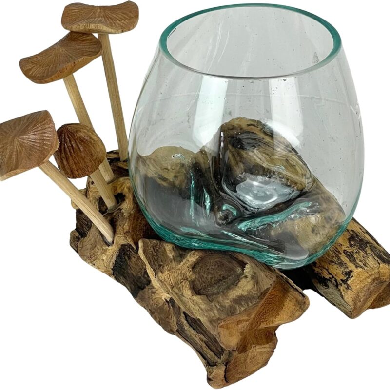 Handcrafted Glass Vase with Teak Driftwood Base and Wood Mushroom Embellishments, Unique Sculptural Decorative Accent for Succulents, Terrariums, and Home Decor