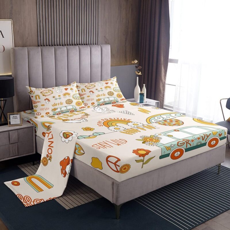 Kids 70s Party Decorations Bed Sheets Cute Bus Car King Size Sheet Sets for Boys Girls Pastel Rainbow Sheets Hippie Mushroom Sheet & Pillowcase Sets 60s Retro Disco Flat Sheet Groovy Room Decor