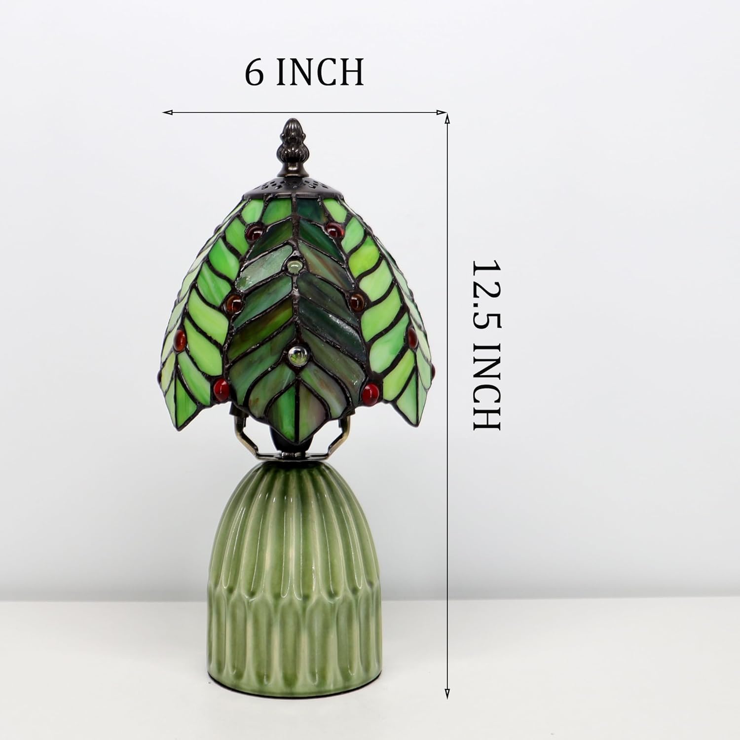 717GhFvxv3L._AC_SL1500_.jpg Small Tiffany Mushroom Table Lamp Stained Glass Desk Lamp Ceramic Base Antique Accent Lamp 6X6X12.5 Inch(Brown Green Coconut Leaves) - Image 2