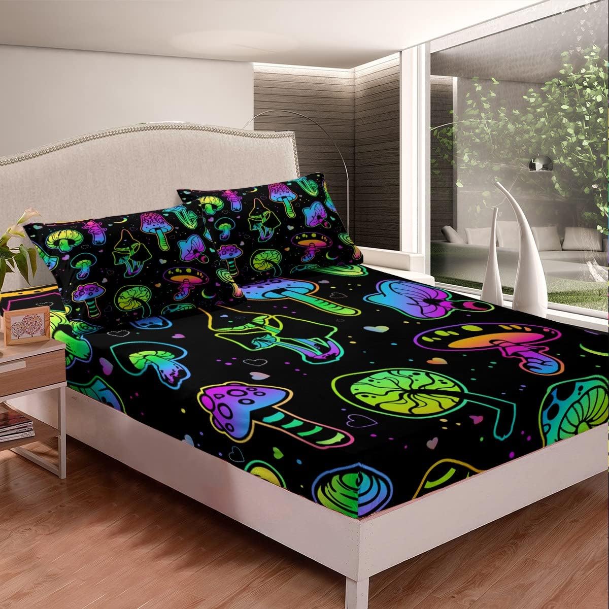 717SOR6mGL._AC_SL1200_.jpg Mushroom Bed Sheets Queen Teal Purple Neon Mushroom Sheet Set Boho Botanical Plants Bedding Set For Kids Girls Teens Women Cartoon Kawaii Wild Plants Fitted Sheet + Flat Sheet + 2 Pillow Cases - Image 3