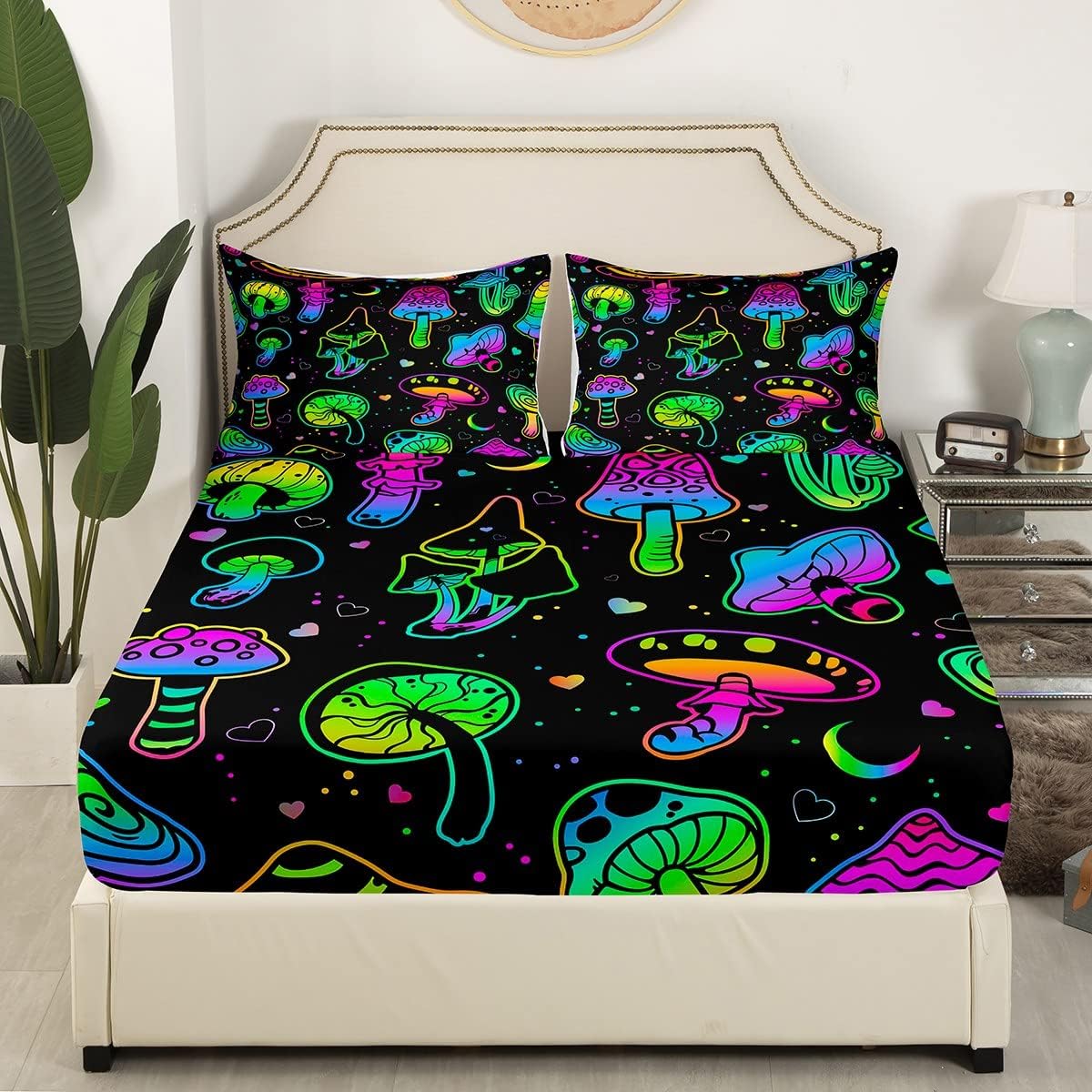 7189eBs8uOL._AC_SL1200_.jpg Mushroom Bed Sheets Queen Teal Purple Neon Mushroom Sheet Set Boho Botanical Plants Bedding Set For Kids Girls Teens Women Cartoon Kawaii Wild Plants Fitted Sheet + Flat Sheet + 2 Pillow Cases - Image 4