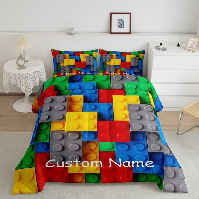 Erosebridal Personalized Toddler Bedding Set Colorful 3D Building Blocks Comforter Set Twin Kids Boys Toy Bricks Quilt Fun Brick Duvet Insert Gradient Rainbow Bedroom Decor,Red Yellow Blue Grey