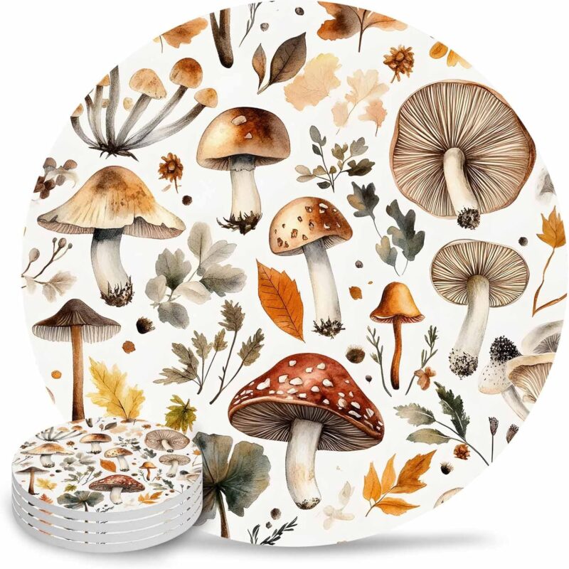 Watercolor Fall Mushrooms Ceramic Absorbent Coaster Set of 8 with Holder, Round Coasters for Drinks, Coffee Table Desk Cup Coasters with Cork Backing, Home Decor, Farmhouse Flowers Leaves