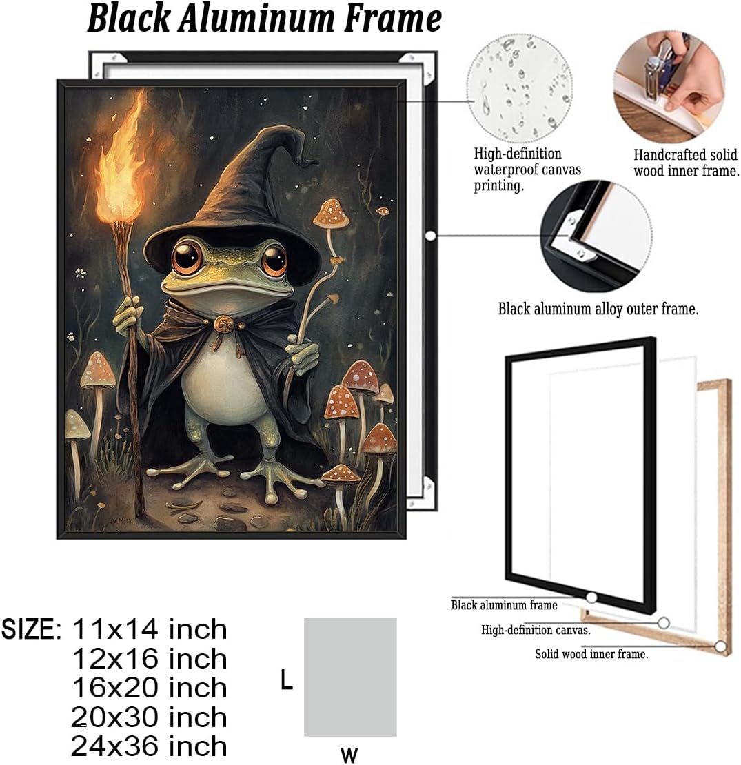 718YX3libLL._AC_SL1152_.jpg Frog Wizard Wall Art – Fantasy Forest Illustration with Torch, Cloak, Mushrooms and Magic Staff, Whimsical Frog Poster for Mystical Room Decor-16x20Inch Ready to Hang(Black Aluminum Frame) - Image 2