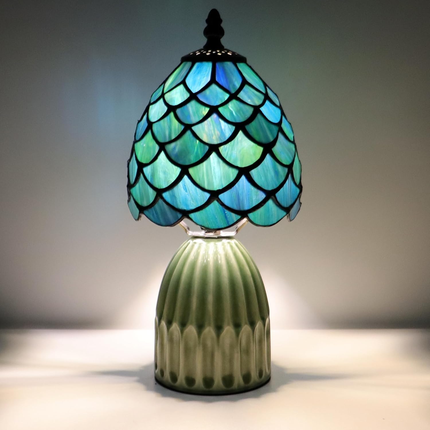 718bjU2PkvL._AC_SL1500_.jpg Small Tiffany Mushroom Table Lamp Stained Glass Desk Lamp Ceramic Base Antique Accent Lamp 6X6X12.5 Inch(Sea Blue Fish Scale) - Image 7