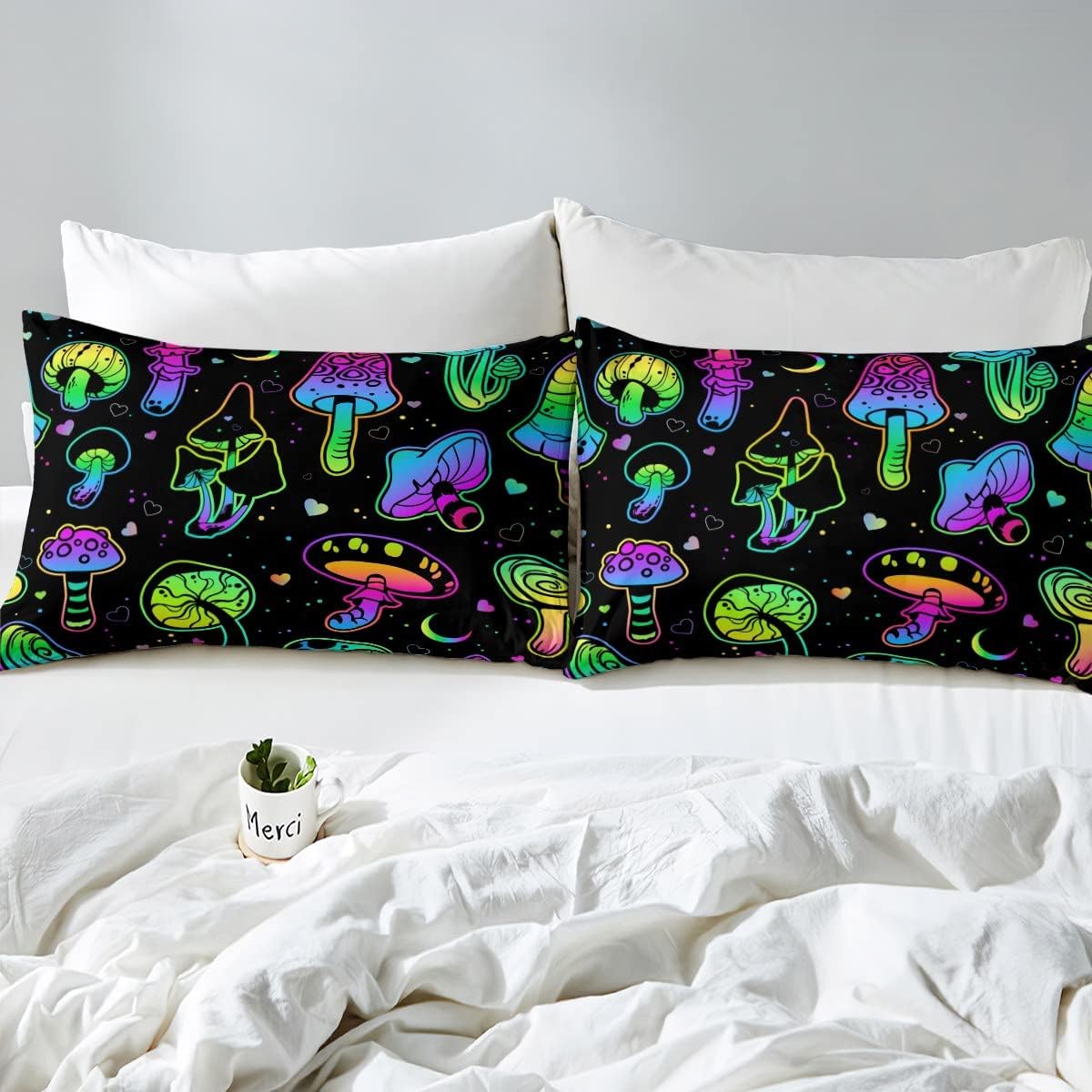718ht92rR-L._AC_SL1200_.jpg Mushroom Bed Sheets Queen Teal Purple Neon Mushroom Sheet Set Boho Botanical Plants Bedding Set For Kids Girls Teens Women Cartoon Kawaii Wild Plants Fitted Sheet + Flat Sheet + 2 Pillow Cases - Image 5