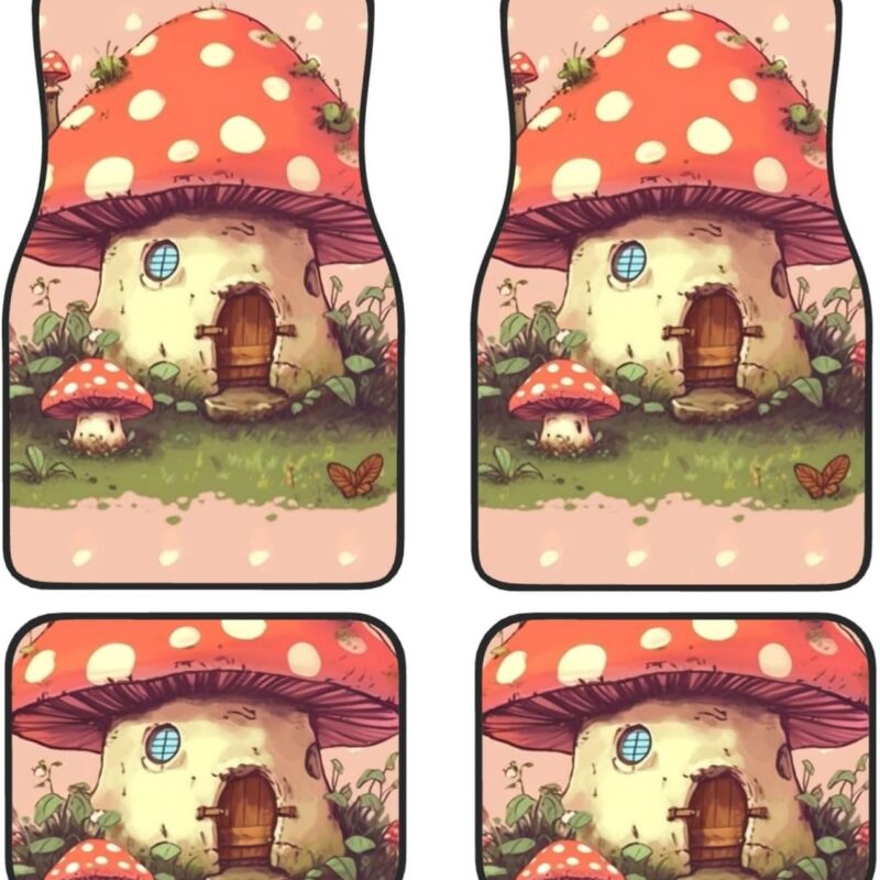 Cute Mushroom House Print Car Floor Mats Non-Slip Front Rear Floor Foot Mats Set of 4 Pieces Carpet Heavy Duty Car Foot Pad Protector for SUV Vans Trucks Car Accessories Decor