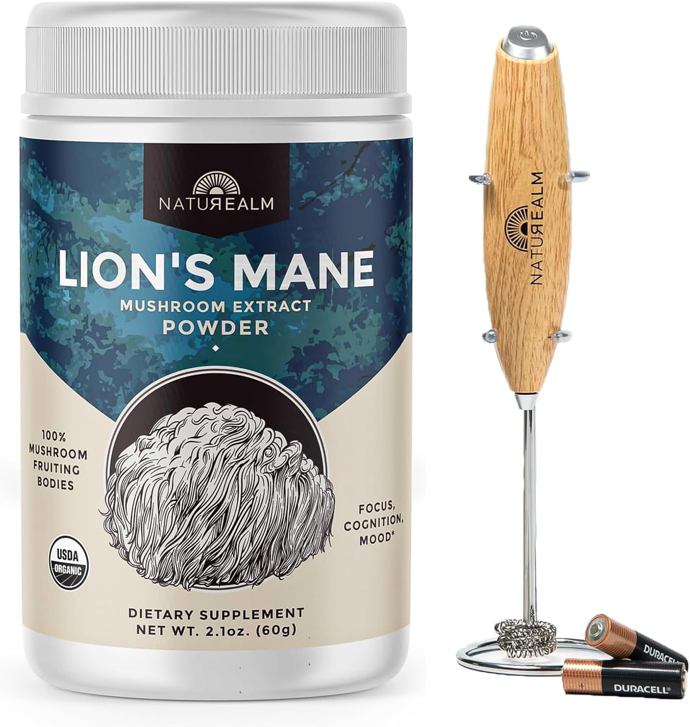 719cnYl7ySL._AC_SL1500_.jpg Naturealm Lion's Mane Brain Support Bundle - Organic Mushroom Powder 60 Servings + Handheld Frother | Focus Memory Mental Clarity | Complete Cognitive Wellness Set