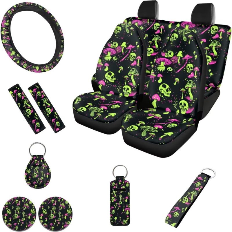 Cartoon Green Skull Mushroom Car Seat Covers Full Set with Automobile Heavy Duty Seat Covers Car Steering Wheel Cover Cup Holders Universal Fit for Car Truck SUV Sedan Van, 12 Pack