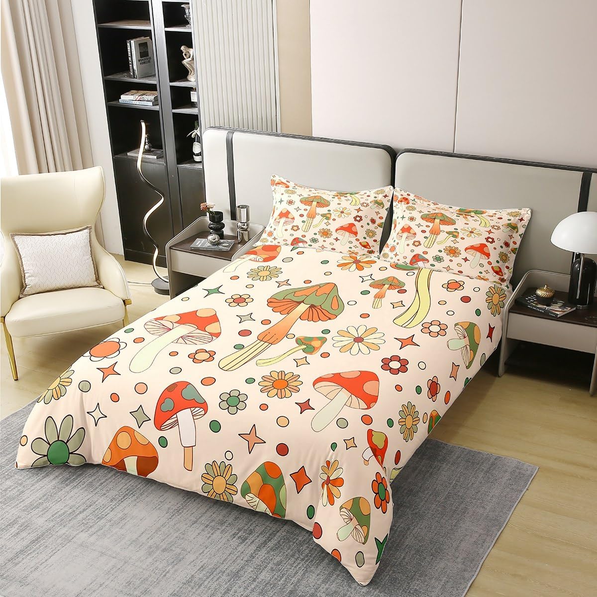 71AGJKjSMBL._AC_SL1200_.jpg Erosebridal Retro 60s 70s Groovy Flower 100% Cotton Duvet Cover,Cartoon Mushroom Bedding Set Twin,Funky 1960 1970 Floral Comforter Cover,Cute Country Plants Artwork Bed Sets 2pcs Bedroom Decor - Image 2