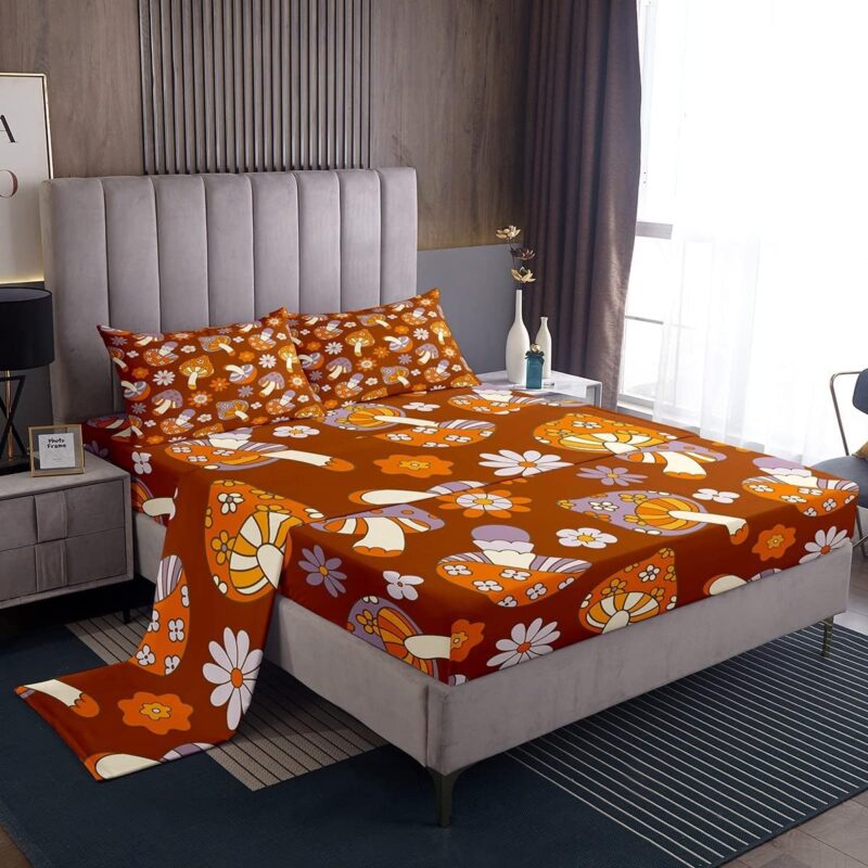 Feelyou Mushroom Bed Sheets Set Groovy Flower Sheets with Deep Pocket Fitted Sheet Retro Botanical Boho Sheet Set for Kids Adults Vintage Psychedelic Bedding Set Ultra Soft Room Decor 4Pcs Queen