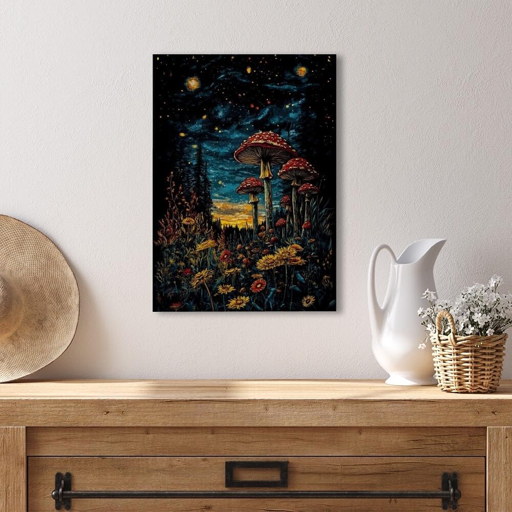 71Aq2S4glVL._AC_SL1000_.jpg Mushrooms and Wildflowers Gothic Dark Starry Sky Poster Canvas Print Retro Abstract Artwork Aesthetic Home Decor for Living Room Home Office Bedroom Wall Art Decor Framed20x30inch - Image 5