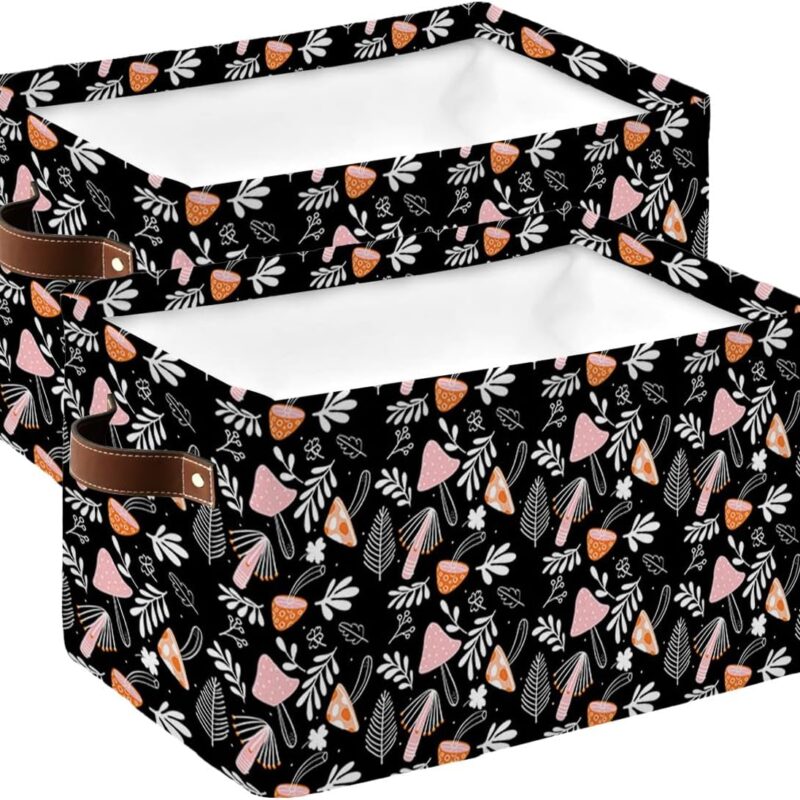 Pink Mushroom Cube Storage Organizer Bins with Handles,15x11x9.5 Inch Collapsible Canvas Cloth Fabric Storage Basket,Books Shelves Boxes,Closet Thanksgiving Black Cartoon Fall Leaves Flowers 2 Packs