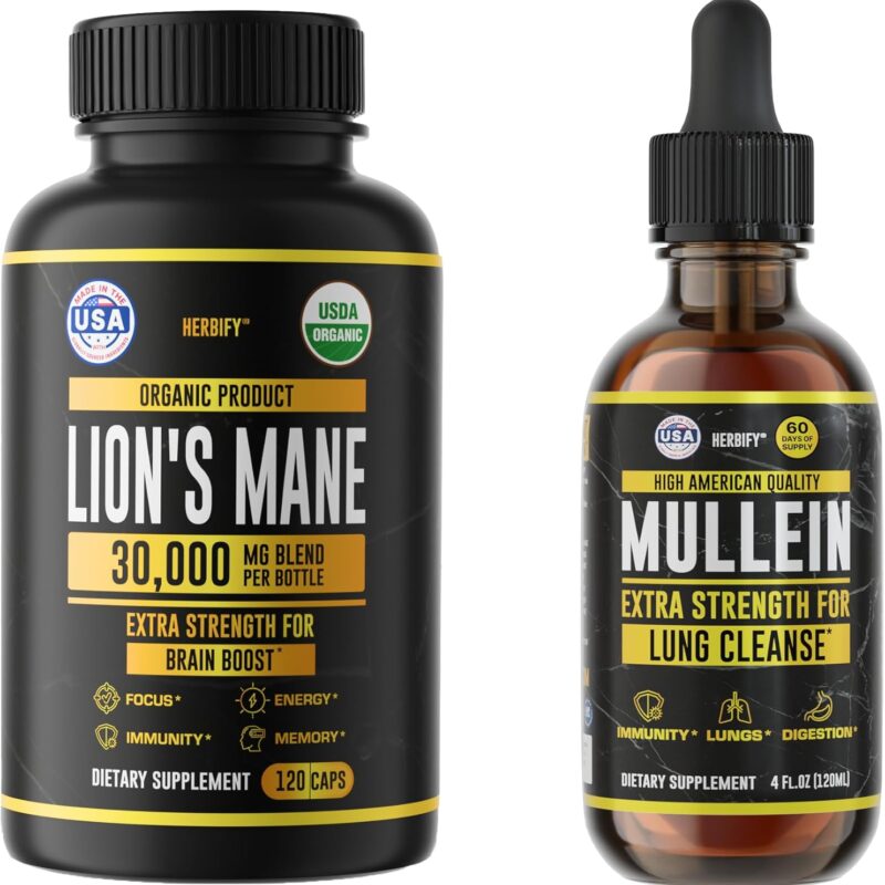 HERBIFY Bundle Lions Mane Capsules & Mullein Drops - Daily Supplement for Memory, Focus, Clarity & Powerful Lung Cleanse Support