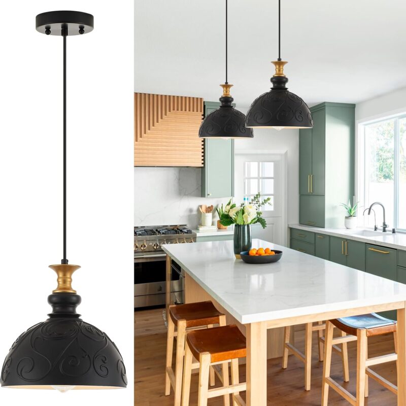 VILUXY Pendant Light for Kitchen Island Black and Gold Vintage Dome Ceiling Hanging Light for Dining Room Resin Light Fxiture French Style for Bedroom Foyer 10 Inches