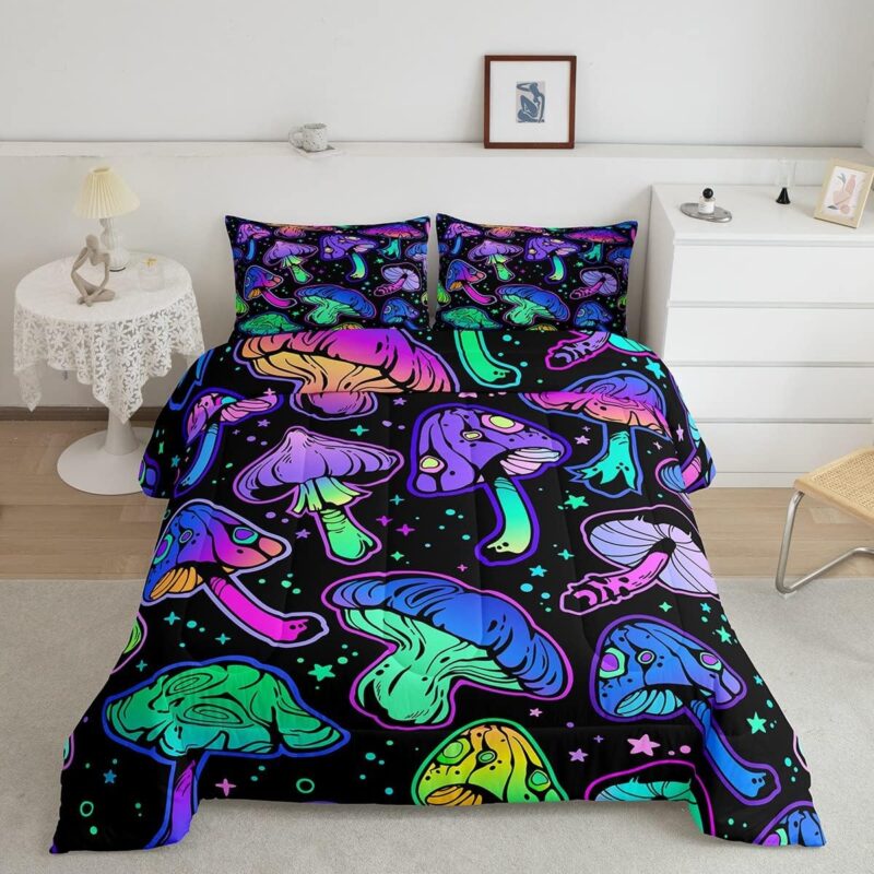 Erosebridal Neon Mushroom Queen Comforter Set Cute Kawaii Mushroom Bedding Comforters & Sets Psychedelic Galaxy Space Duvet Rainbow Fungus Quilt Comforter for Kids Boys Girls Room Magic Mushroom Decor